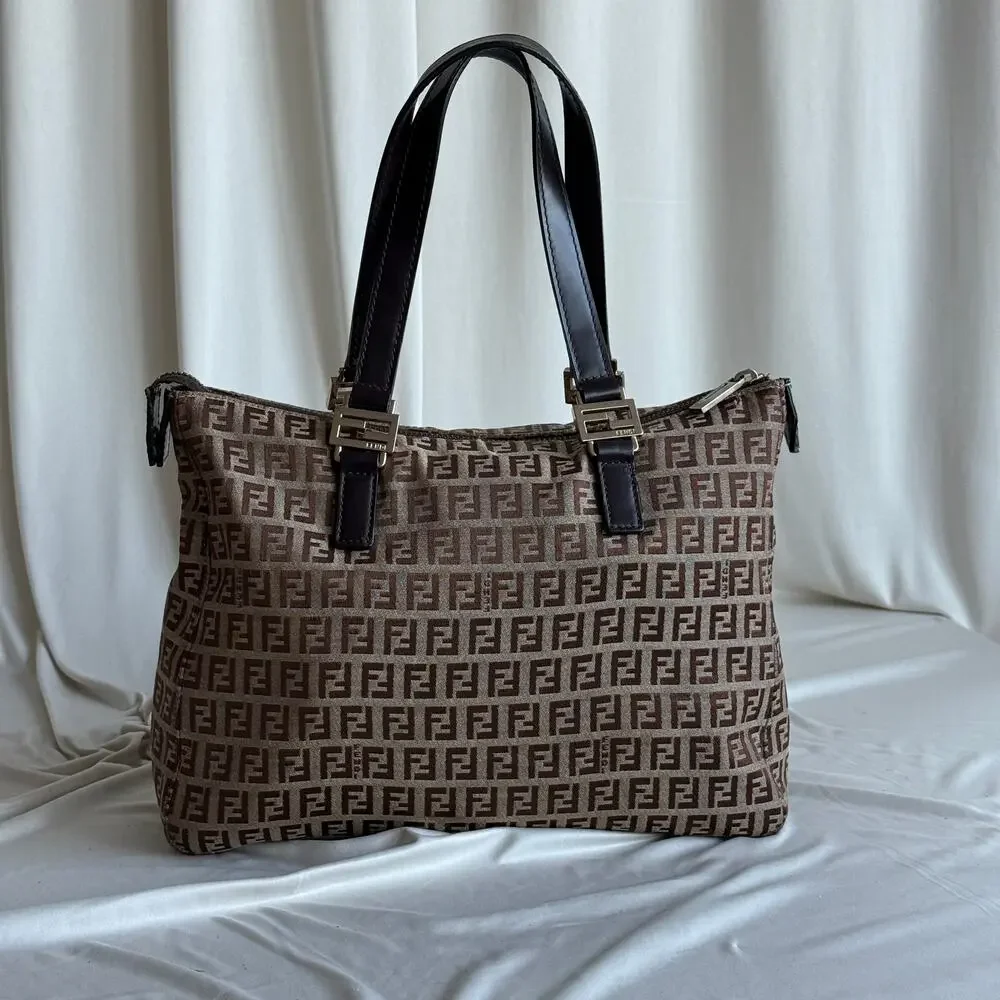 Fendi Zucchino FF Tote - Brown Canvas, Leather Straps, 2004 VTG